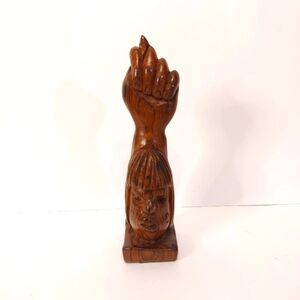 Rare 7" Wooden Figa Fist Sculpture With Indian Head on Bottom in Excellent Cond.